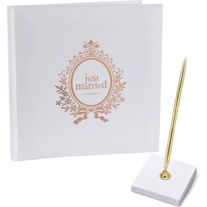 Gastenboek/receptieboek met luxe pen in houder - Bruiloft - rose goud/wit - 24 x 24 cm