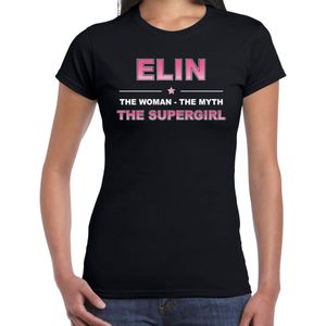 Naam cadeau Elin - The woman, The myth the supergirl t-shirt zwart - Shirt verjaardag/ moederdag/ pensioen/ geslaagd/ bedankt