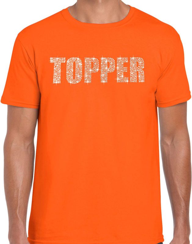 Glitter Topper t-shirt oranje met steentjes/ rhinestones voor heren - Glitter kleding/ foute party outfit