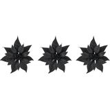 6x stuks decoratie bloemen kerststerren zwart glitter op clip 18 cm - Decoratiebloemen/kerstboomversiering
