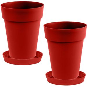 Set van 2x stuks bloempotten Toscane kunststof rood D44 x H53 cm inclusief onderschalen D35 cm - Bloempot set