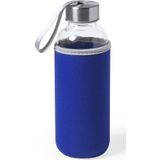 3x Stuks glazen waterfles/drinkfles met blauwe softshell bescherm hoes 420 ml - Sportfles - Bidon