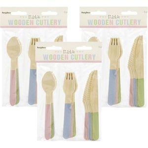 Houten bbq/verjaardag bestek setje pastel kleuren 54-delig - vorken/messen/lepels