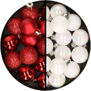 Kerstballen 34x st - 3 cm - rood en parelmoer wit - kunststof