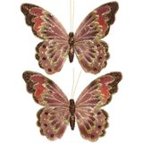4x stuks decoratie vlinders op clip glitter bruin 18 cm - Bruiloftversiering/kerstversiering decoratievlinders