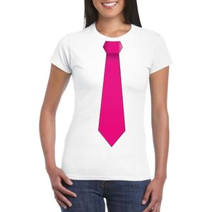 Wit t-shirt met roze stropdas dames