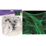 Decoratie spinnenweb/spinrag met spinnen - 100 gram - glow in the dark - Halloween/horror versiering