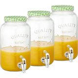 Set van 3x stuks glazen drankdispensers/limonadetap met groen/wit geblokte dop 3,5 liter - Tapkraantje