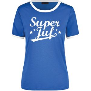 Super juf blauw/wit ringer t-shirt voor dames - Einde schooljaar/ juffendag/ lerares cadeau shirt