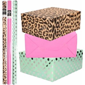 12x Rollen kraft inpakpapier/folie pakket - panterprint/roze/mint groen met zilveren stippen 200 x 70 cm - dierenprint papier