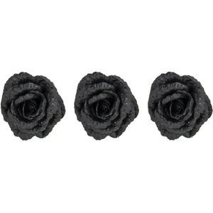 4x stuks decoratie bloemen roos zwart glitter op clip 15 cm - Decoratiebloemen/kerstboomversiering/kerstversiering