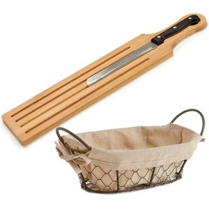 Bamboe houten broodplank/snijplank/serveerplank met broodmes 50 x 10 cm en broodmandje van 26 x 17 cm