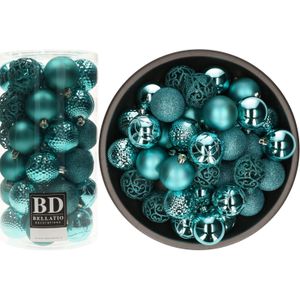 Bellatio Decorations Kerstballen mix - 74-delig - turquoise blauw - 6 cm - kunststof