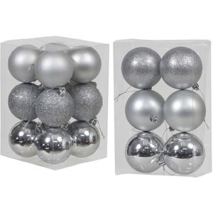 Kerstversiering kunststof kerstballen zilver 6 en 8 cm pakket van 36x stuks - glans/mat/glitter mix - Kerstboomversiering