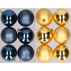 12x stuks kunststof kerstballen mix van donkerblauw en goud 8 cm - Kerstversiering