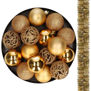 Decoris Kerstballen - 6 cm - kunststof - 16x stuks - incl. kerstslingers - goud