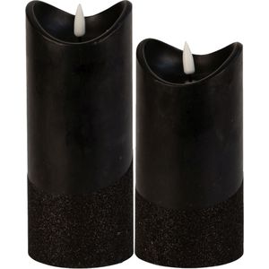 LED stompkaarsen - set 2x st - zwart - warm wit licht - wax - H15 en H17,5 cm