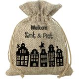 Pakket van 10x stuks mini Sinterklaas jute cadeau zakken Welkom Sint en Piet print - Strooizak met koord - 18 x 25 cm
