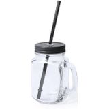 2x stuks Glazen Mason Jar drinkbekers zwarte dop en rietje 500 ml - afsluitbaar/niet lekken/fruit shakes