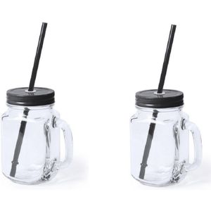 2x stuks Glazen Mason Jar drinkbekers zwarte dop en rietje 500 ml - afsluitbaar/niet lekken/fruit shakes