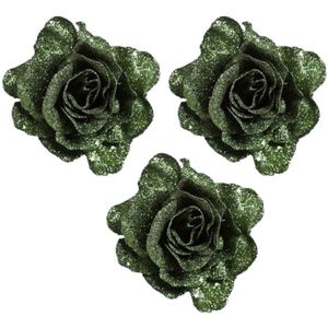 4x stuks groene rozen met glitters op clip 10 cm - kerstversiering