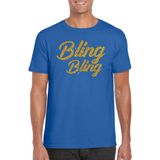 Bellatio Decorations Glitter glamour feest t-shirt heren - bling bling goud - blauw