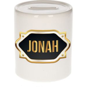 Jonah naam cadeau spaarpot met gouden embleem - kado verjaardag/ vaderdag/ pensioen/ geslaagd/ bedankt