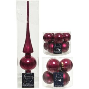 Compleet glazen kerstballen pakket framboos roze glans/mat 32x stuks met piek glans - 20x 6 cm - 12x 8 cm