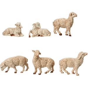 Decoris schapen beeldjes - 6x stuks - wit - 12 cm - hout - miniatuur beeldjes