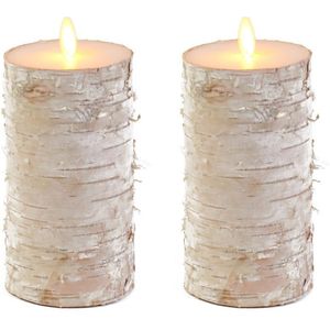 2x Witte berkenhout kleur LED kaars / stompkaars 15 cm - Luxe kaarsen op batterijen met bewegende vlam