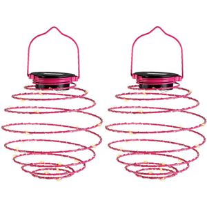 Lumineo Hanglamp - 2x - solar verlichting - fuchsia roze - D16 cm - metaal - tuinverlichting