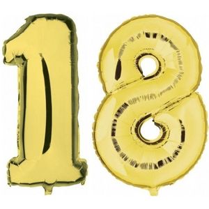 18 jaar gouden folie ballonnen 88 cm leeftijd/cijfer - Leeftijdsartikelen 18e verjaardag versiering - Heliumballonnen