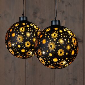 Verlichte kerstballen - set 2x st - zwart kosmos - D12 en D15 cm - warm wit