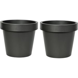 Mega Collections Plantenpot/bloempot - 2x - kunststof - zwart - buiten - D16 x H14 cm