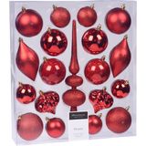 Compleet kerstballenpakket rode kunststof kerstballen met piek 19-delig