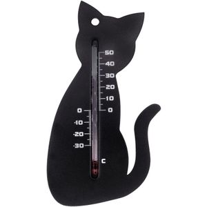 Binnen/buiten thermometer zwarte kat/poes 15 cm - Tuindecoratie dieren - Katten/poezen artikelen - Buitenthemometers