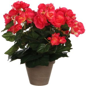 Donkerroze Begonia kunstplant met bloemen 30 cm in grijze pot - Kunstplanten/nepplanten - Voor binnen