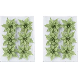 24x stuks decoratie bloemen rozen groen glitter op ijzerdraad 8 cm - Decoratiebloemen/kerstboomversiering/kerstversiering