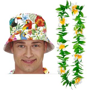 Carnaval verkleed set - Tropische Hawaii party - bucket hoed met bloemenslinger groen/wit - volwassenen