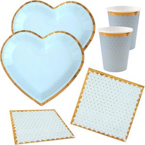 Feest wegwerp servies set - hartje - 20x bordjes / 20x bekers / 20x servetten - blauw/goud