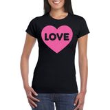Bellatio Decorations Gay Pride T-shirt voor dames - liefde/love - zwart - roze glitter hart - LHBTI