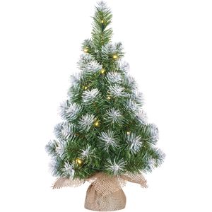 Kunst kerstboom/kunstboom in jute zak met verlichting en sneeuw 60 cm - Miniboompjes/kerstboompjes