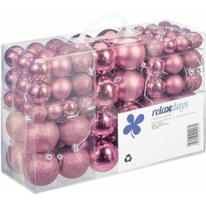 Relaxdays kerstballen - 100x st - roze - 3, 4 en 6 cm - kunststof - mat/glans/glitter