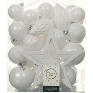 Kerstballen 66x stuks met ster piek - wit - kunststof 4, 5, 6, 8, 10 cm