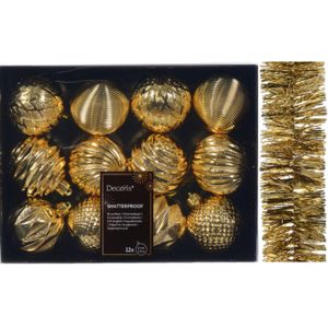 Decoris - 12x st - gedecoreerde kerstballen 6 cm incl. folieslinger - goud - kunststof
