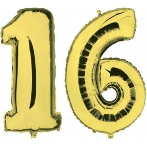Sweet 16 gouden folie ballonnen 88 cm leeftijd/cijfer 16 jaar - Leeftijdsartikelen 16e verjaardag versiering - Heliumballonnen
