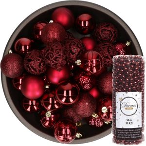 Decoris Kerstballen - 37x stuks - 6 cm - incl. kralenslinger - donkerrood - kunststof