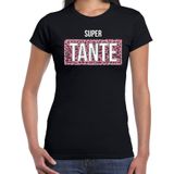 Super tante cadeau t-shirt met panterprint - zwart - dames -  tante bedankt kado shirt