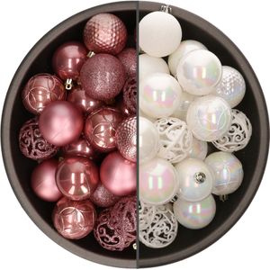 Bellatio Decorations Kerstballen mix - 74-delig - parelmoer wit en oudroze - 6 cm - kunststof