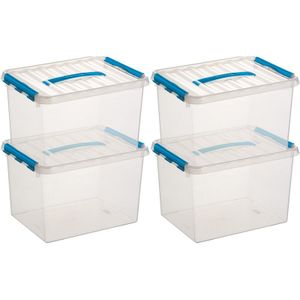 5x Sunware Q-Line opberg boxen/opbergdozen 22 liter 40 x 30 x 26 cm kunststof - opslagbox - Opbergbak kunststof transparant/blauw